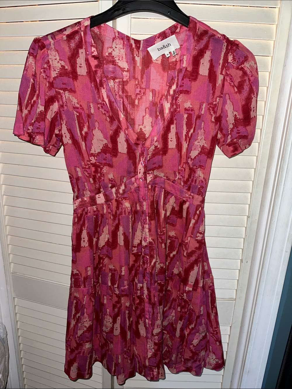 ba&sh Pink and Red Printed V-Neck Midi Dress